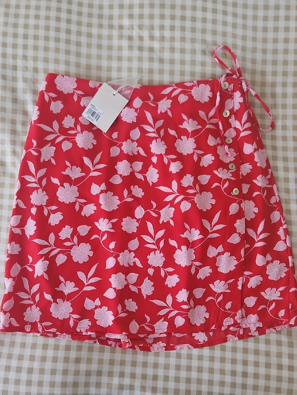 LC Lauren Conrad Red Midi Skirt with Pink Floral Print